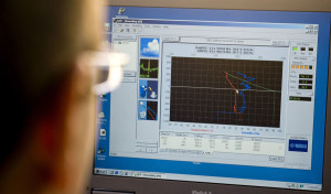 A monitor displays temperature and humidity data being sent back from a weather balloon at the Cooperative Institute of Meteorological Satellite Studies at UW-Madison. (Photo credit:  Andy Manis)