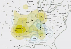 The yellow areas, darker with increasing frequency, show large tornado outbreaks from the 1950s through 1980s.  The blue striped areas show the corresponding frequency of outbreaks from 1989 through 2019. (Image credit:  Daniel P. Huffman in Scientific American)